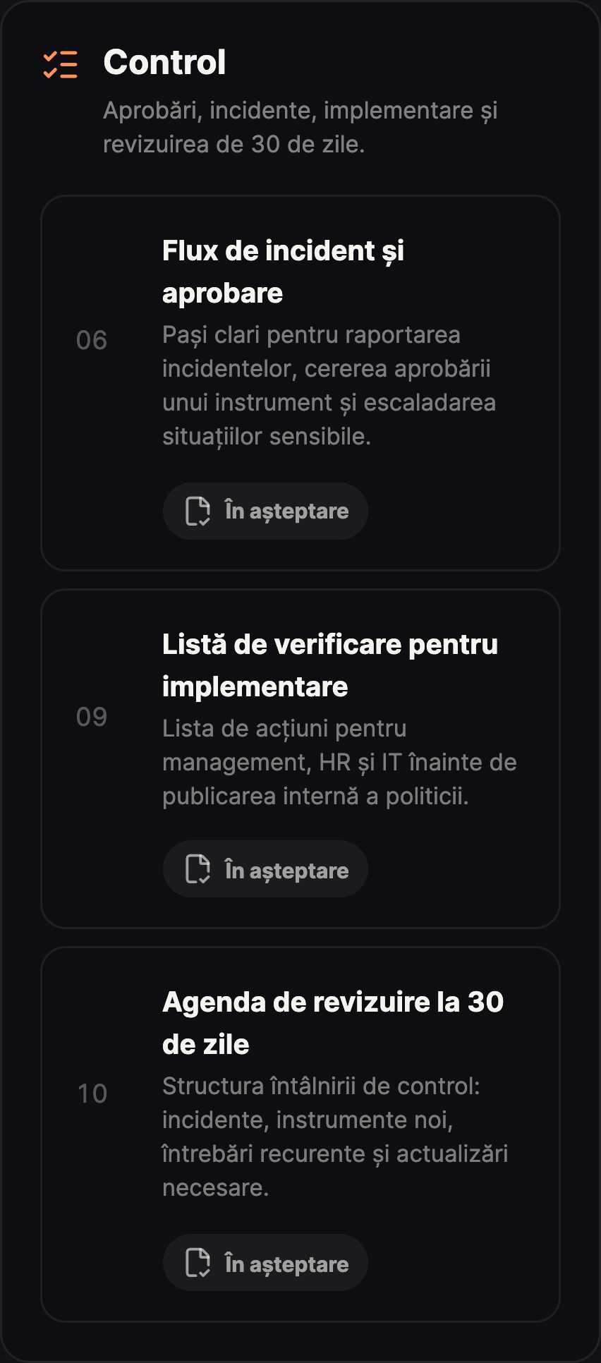 Portal BlackArk: flux de incidente și aprobări, checklist de implementare și agenda de review la 30 de zile, cu statusuri de livrare.